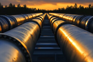Leinwandbilder - Long pipelines stretch across the landscape as the sun sets, showcasing industrial design with metallic textures. Generative AI