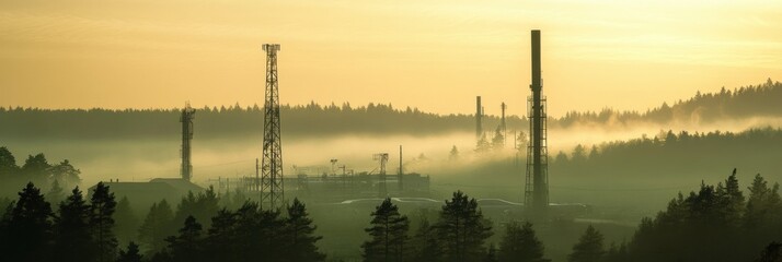 Poster - Exploring eco friendly natural gas infrastructure in a misty green forest at dawn. Generative AI