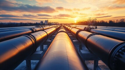 Leinwandbilder - Long pipelines stretch into the horizon under a vibrant sunset in an industrial landscape. Generative AI