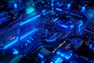 Poster - Abstract Futuristic Technology Circuit Board Digital Background Blue Neon Glowing Lines High Tech Electronic Design Innovation Network Modern Pattern 