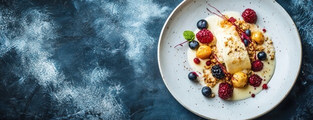 Wall Mural - Close Up Studio Shot of Creamy Dessert Plate with Fresh Mixed Berries and Decorative Mint Leaf on a Dark Blue Textured Background with Scattered White Powder Highlighting a Stylish and Modern Food