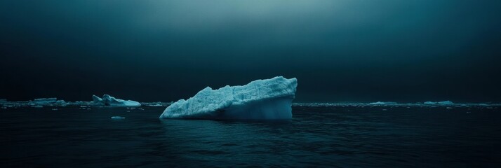 Poster - Melting iceberg adrift in dark blue waters under an empty sky inviting reflection on climate change. Generative AI