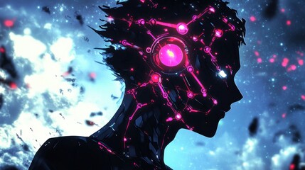 Wall Mural - Human head silhouette filled with glowing AI nodes and cosmic fractal patterns in a cyberpunk setting. Generative AI