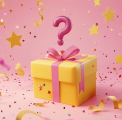 Wall Mural - yellow gift box with large bow and question mark, sparkling festive scene
