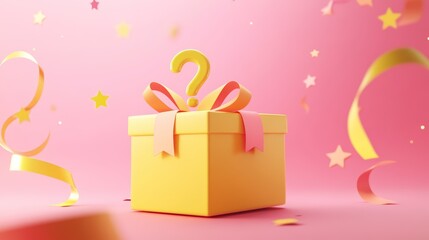 Wall Mural - yellow gift box with pink ribbon and floating question mark, fun surprise gift