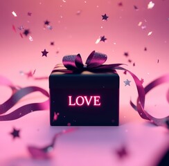 Wall Mural - pink gift box with purple ribbon and question mark, surprise concept, 