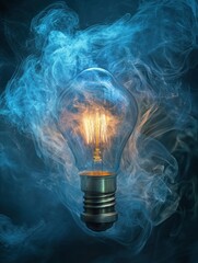 Aufkleber - Glowing gas lamp surrounded by swirling blue smoke illuminating a dark setting at night. Generative AI