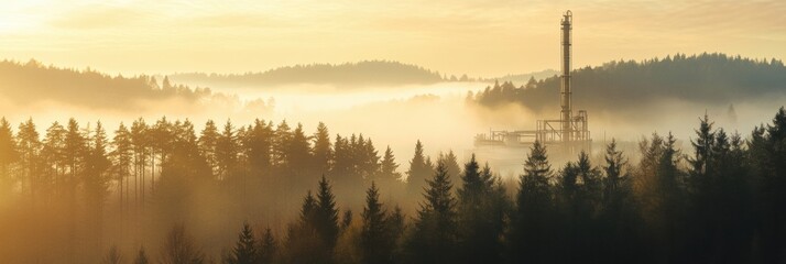 Poster - Eco friendly natural gas concept in a misty forest with sustainable energy infrastructure at sunrise. Generative AI