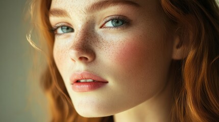 Fototapete - Modern beauty portrait showcasing a woman with radiant skin and artistic lighting in a serene indoor setting. Generative AI