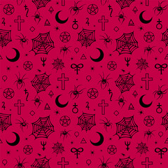 Canvas Print - Seamless pattern. Gothic and magic symbols on a red background