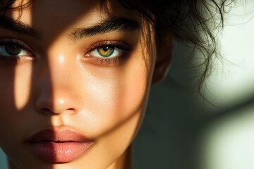 Poster - Elegant fashion portrait of a woman showcasing modern beauty with artistic lighting and youthful skin in a contemporary setting. Generative AI