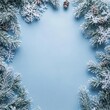 © malayeka - Festive Christmas frame of branches, snowflakes, and pine cones on blue background. Possible use greeting card, invitation, social media post