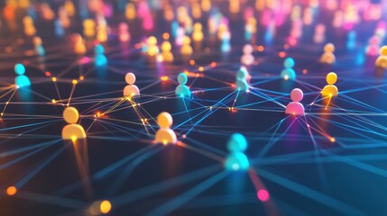 Fototapete - Colorful 3D avatars interconnected through glowing lines representing digital social media interactions. Generative AI