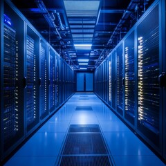 Fototapete - Data Center Interior: Rows of Servers Glowing in a Blue Light, High-Tech Infrastructure for Computing and Cloud Storage.