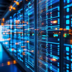Aufkleber - Data Center Servers: Rows of Illuminated Data Racks with Network Cables and High-Speed Connections