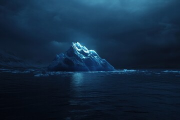 Fototapete - Melting iceberg floating in dark blue waters with empty sky for text space at dusk. Generative AI