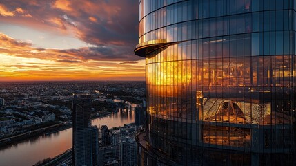 Wall Mural - Sunset reflecting on modern skyscraper's glass facade.