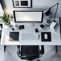 Poster - Minimalist Workspace with Modern Computer Setup, Potted Plants, and Natural Light for Productivity and Focus