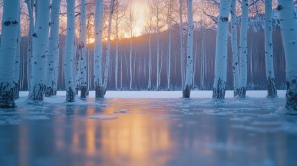 Wall Mural - Frozen winter sunset reflecting on icy lake with birch trees.