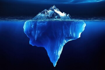 Poster - Melting iceberg drifting in deep blue waters under a clear sky with ample space for text placement. Generative AI