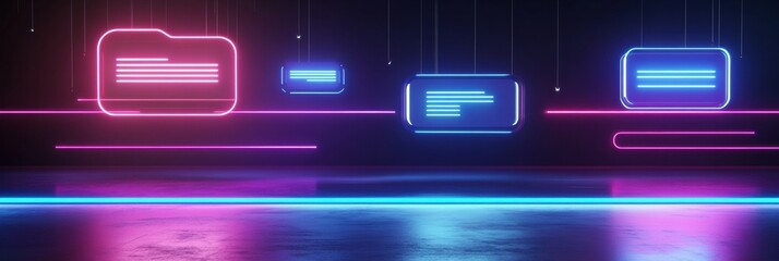 Fototapete - Floating message bubbles illuminate a dark interface showcasing glowing text notifications in an interactive chat design. Generative AI