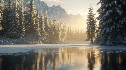 Wall Mural - Sunlit winter scene of snow-covered pines reflected in a frozen lake with mountains in the background.