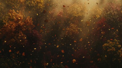 Wall Mural - Autumn leaves falling in misty forest.