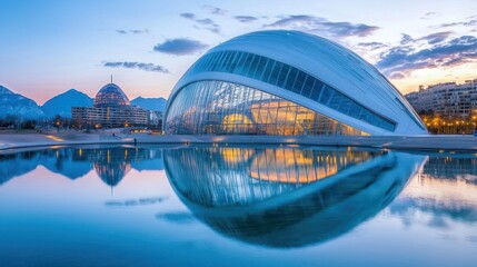 Wall Mural - Modern architecture reflected in a calm water at sunset.