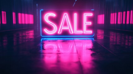 Aufkleber - Bright sale sign glowing in a modern hallway during an evening retail event with vibrant reflections on the floor. Generative AI