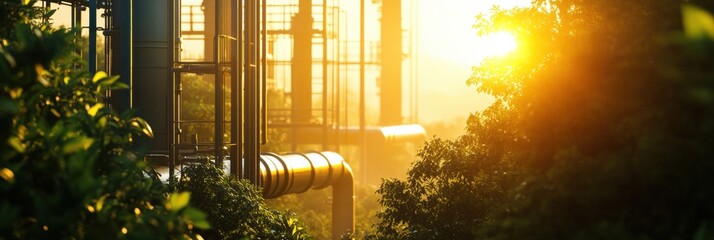 Poster - Eco friendly natural gas infrastructure in a misty forest during golden hour illustrating green energy solutions. Generative AI