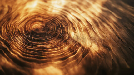 Wall Mural - a close-up artistic shot of a polished wooden slab with fluid, organic grain patterns radiating outw