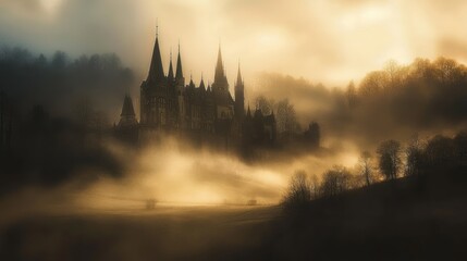 Wall Mural - Mysterious castle shrouded in morning mist, golden sunrise.