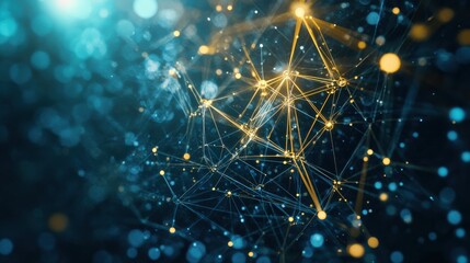 Fototapete - Abstract Networking Background with Colorful Lights and Interconnected Lines in Blue and Yellow Hues