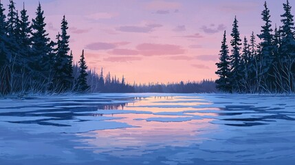 Wall Mural - Serene winter sunset over frozen lake with pine trees.