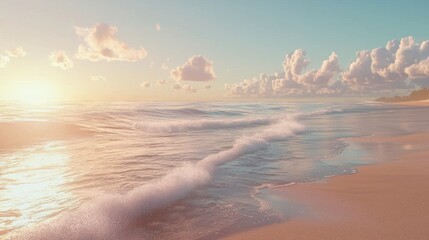 Wall Mural - Serene sunset over calm ocean waves lapping a sandy beach.