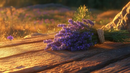 Wall Mural - Sunset lavender bouquet on rustic wooden planks.