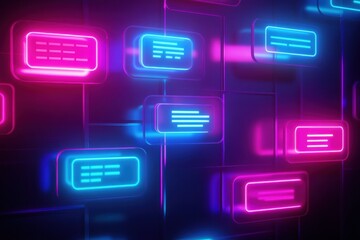 Fototapete - Floating message bubbles illuminate a virtual social media chat interface with glowing text notifications. Generative AI