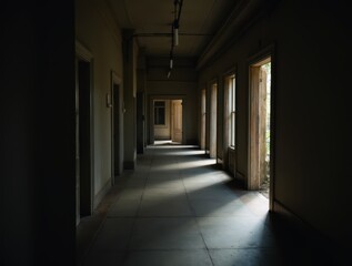  Gloomy corridor with open doors creating light beams and shadowy areas