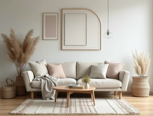 Wall Mural - Cozy Scandinavian-style Living Room with Minimalist Furniture and Neutral Colors