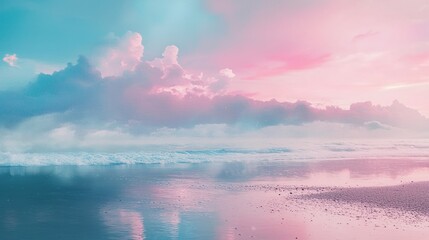 Wall Mural - Pastel pink and blue ocean sunset with clouds reflecting on calm water.