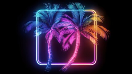 Neon palm trees in square frame, dark background, summer vibe, website design
