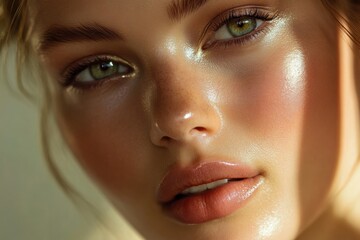 Aufkleber - Modern beauty portrait showcasing smooth skin and artistic lighting in an intimate setting. Generative AI