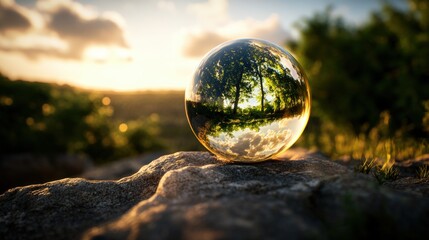 Poster - Glass ball with a tree inside resting on a rock in a natural outdoor setting