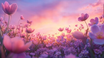 Wall Mural - Pink flowers at sunset, dreamy field.