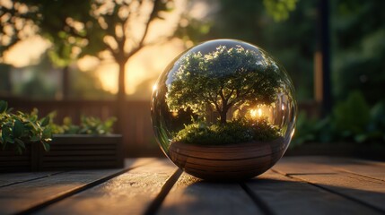 Poster - Glass sphere containing a miniature tree with a reflective surface and natural background