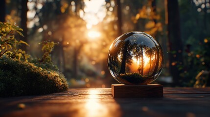 Aufkleber - Glass ball positioned on a wooden table surface with natural lighting and shadows