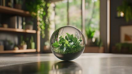 Poster - Close-up of a small plant growing inside a transparent glass sphere on a wooden surface