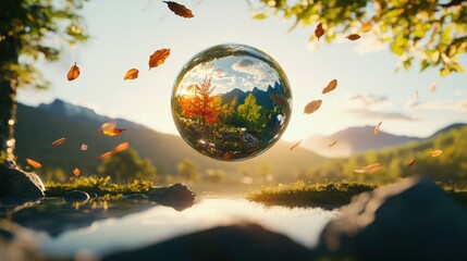 Aufkleber - Glass ball reflecting a beautiful landscape scenery and photographic image on a textured surface