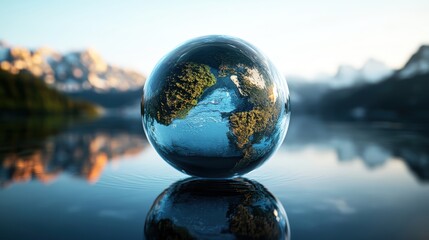 Aufkleber - Glass globe reflecting a city skyline with a photographic image inside the sphere