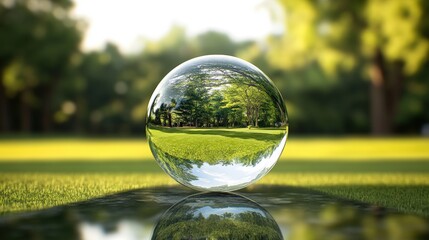 Poster - Glass ball resting on a puddle reflecting the surrounding environment in natural light